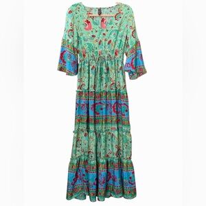 Me2Magic Boho Floral smocked waist Tiered Maxi Dress in Mint Green Small
